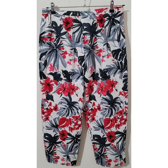 Ilyza Red Black White Floral Ankle Length Pants 12 Lightweight Flat Front - Picture 3 of 4